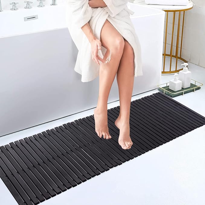 Bath Mat Bathroom Runner Long Large Rugs Floor Wood Shower Bathtub Waterproof Non Slip Accessories 16x48 Inch Easy to Clean, Black, 1 pc