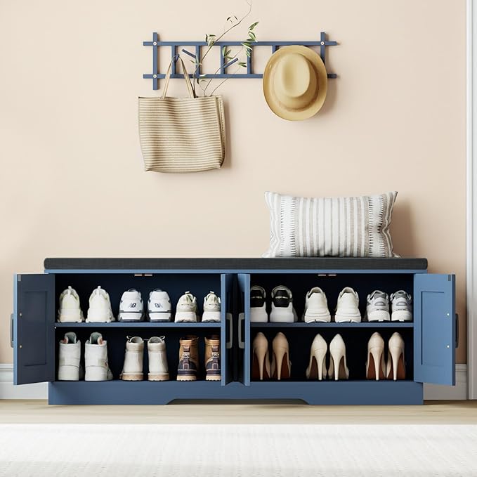 HOMSHO 2-Tier Storage Bench, 47.2" Wide Shoe Bench with Padded Seat Cushion, Entryway Bench with 4 Barn Doors and Adjustable Shelf, Blue