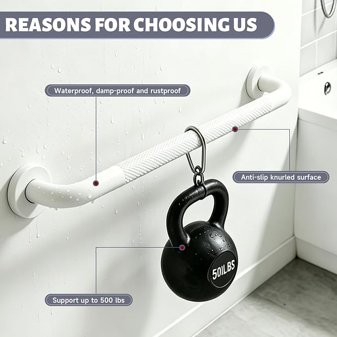 24 Inch Shower Grab Bar 1.25" Dia, White Anti Slip Bathroom Grab Bar, 304 Stainless Steel Knurled Handicap Grab Bars, Safety Support Handrail, Assist Bath Shower Handle for Elderly Injury Senior