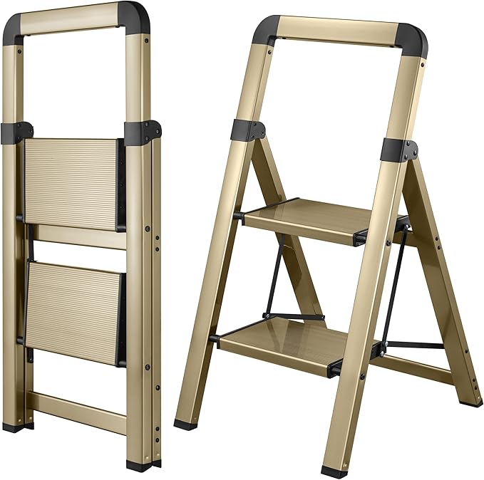 Step Ladder 2-Step Champagne Finish Aluminum Folding Ladders