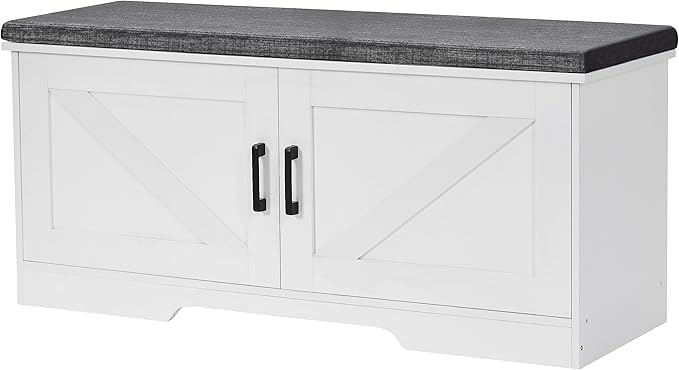 HOMSHO 2-Tier Storage Bench, 39.4" Wide Shoe Bench with Padded Seat Cushion, Entryway Bench with 2 Barn Doors and Adjustable Shelf, White