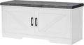 HOMSHO 2-Tier Storage Bench, 39.4" Wide Shoe Bench with Padded Seat Cushion, Entryway Bench with 2 Barn Doors and Adjustable Shelf, White