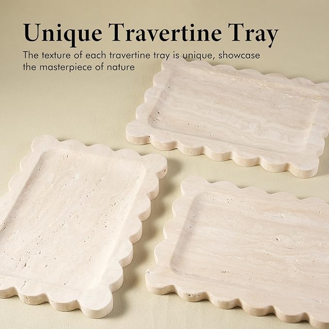 Koville Scalloped Marble Tray, 11"x8" Natural Marble Vanity Tray for Countertop Bathroom Kitchen Dresser, Natural Stone Tray for Jewelry Perfume Home Decor, Decorative Catchall Trays