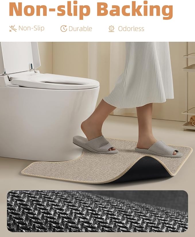 PADOOR Braided Toilet Rugs U Shaped, Non Slip Toilet Mats for Bathroom Floor Machine Washable Super Absorbent Contour Bath Rugs for Toilet Mat Quick Dry U Shaped Toilet Rug, 20''x24'' Light Beige