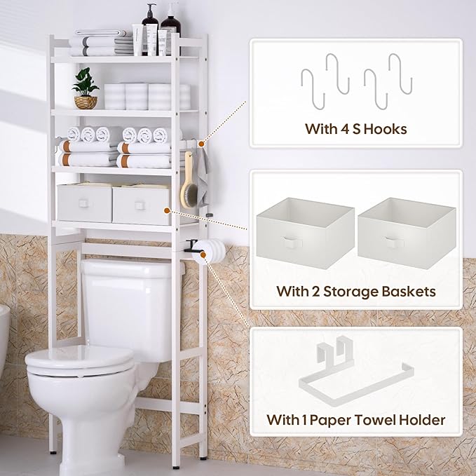 Cozivolife Over The Toilet Storage: 4-Tier Bamboo Organizer Rack with 2 Baskets & Paper Holder & 4 Hooks & Waterproof Feet Pad, Adjustable Freestanding Shelf for Bathroom (White)