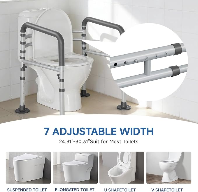 Loyoda Toilet Safety Rail for Seniors, 11.7lbs Steel, Rock-Solid Stability | Height & Width Adjustable,Foldable,Padded Armrests,Wide Non-slip Foot Pads,350 lb Capacity for Pregnant Women & Disabled,Gray