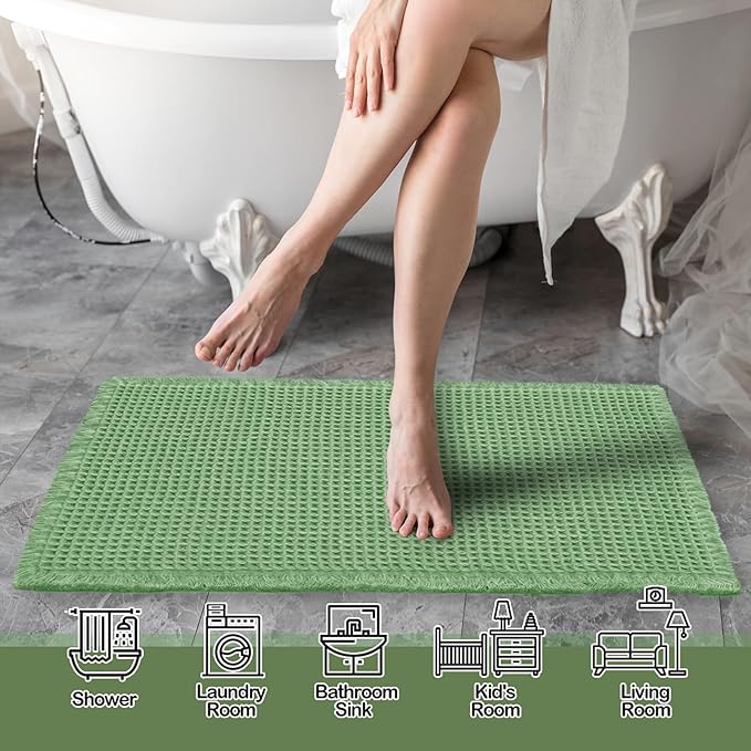 ZALL Sage Green Waffle Bath Mat,Super Absorbent Non Slip Bathroom Rug, 18x30inch, Machine Washable Ultra Soft Floor Mats