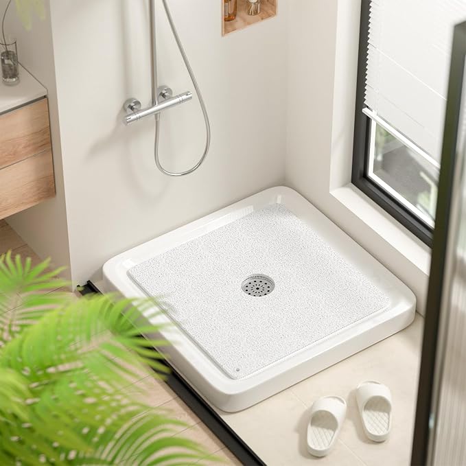 HITSLAM Non Slip Shower Mat for Textured Tub Floor, 21x21 Inch Square Loofah Bath Mat for Inside Shower Stall, Quick Drying, No Suction Cups, White