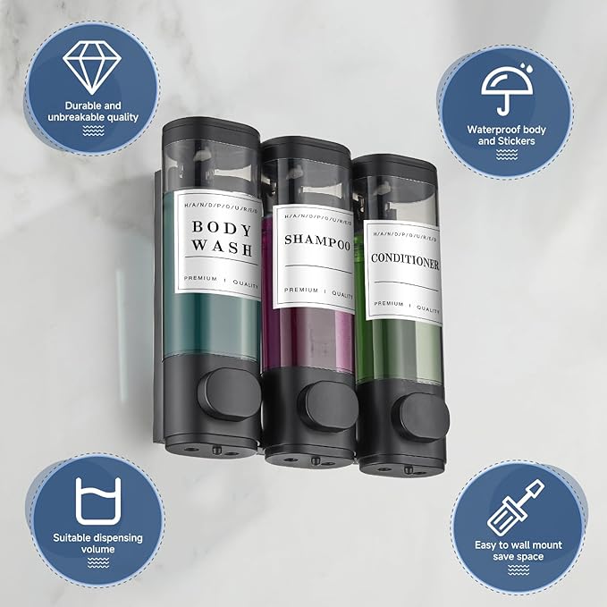 Shampoo and Conditioner Dispenser Shower Dispenser Body Wash Wall Mounted Shampoo Dispenser for Shower Wall No Drill for Bathroom Hotel 3 Chamber x 300ml Black with Waterproof Labels