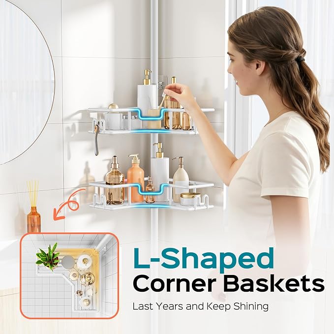 HAMITOR Shower Organizer Tension Pole: 4-Tier Rustproof Large Capacity Corner Shower Caddy with Hooks - Heavy Duty No Drilling Adjustable Storage Rack for Family, Apartment & Dorm 47-123 Inch White