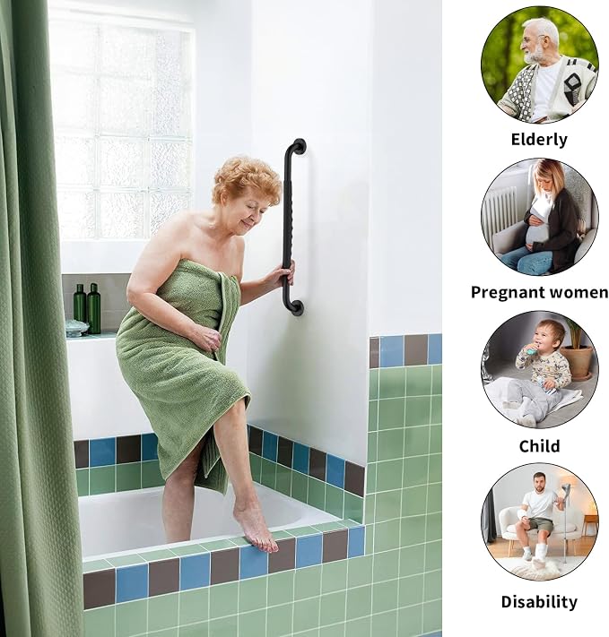 Anti-Slip Black Bathroom Grab Bar 24 inch, iMomwee Stainless Steel Shower Handrail for Elderly, Wall Mounted Safety Handicap Bars, Balanced Support Handle Bar for Senior