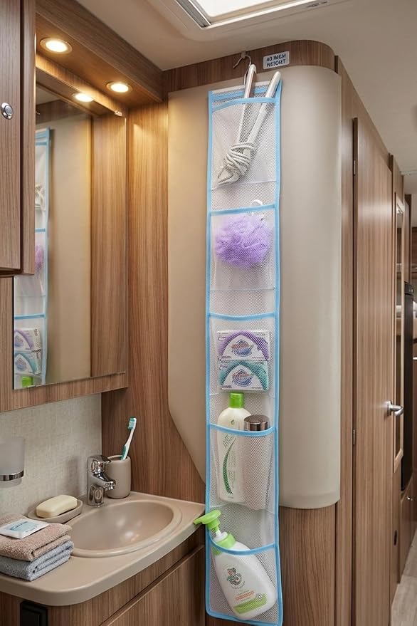 ALYER Narrow Mesh Fabric Shower Caddy Organizer with Hanger,Hanging Mesh Pockets for Shampoo, Conditioner, Soap and Body Wash (Blue)