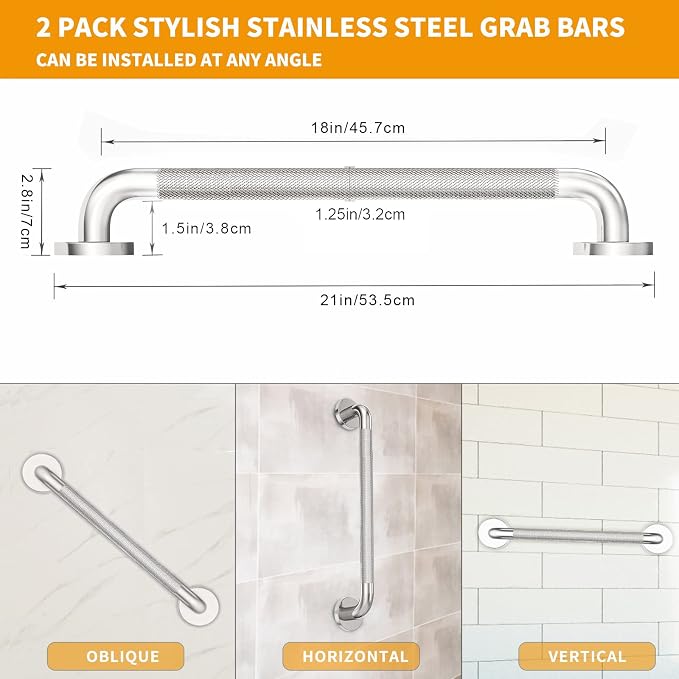 2 Pack 18 inch Shower Grab Bar with Knurled Anti-Slip Grip, ADA 500lbs Supporting, Grab Bar for Bathroom with Concealed Screws, Stainless Steel Chrome Polished Handicap Grab Bar for Gifts