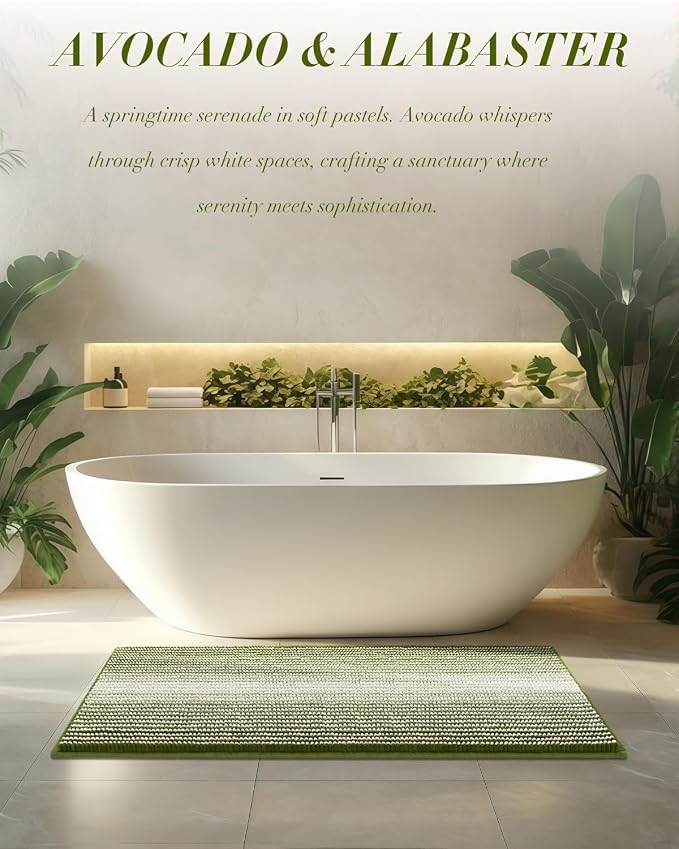 BSICPRO Chenille Bathroom Rugs, 20 x 32 Inches Non Slip Absorbent Bath Mat, Soft Shaggy Shower Bath Floor Mats for Bathroom, Machine Washable(Sage)
