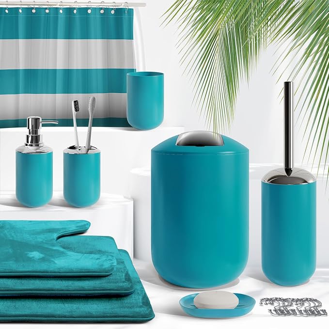 Clara Clark Bathroom Set - Teal Bathroom Accessories Set, Bathroom Sets with Shower Curtain and Rugs, 23PC Shower Curtain Set with Liner, Soap Dispenser, Soap Dish, Toilet Brush Holder, and Trash Can