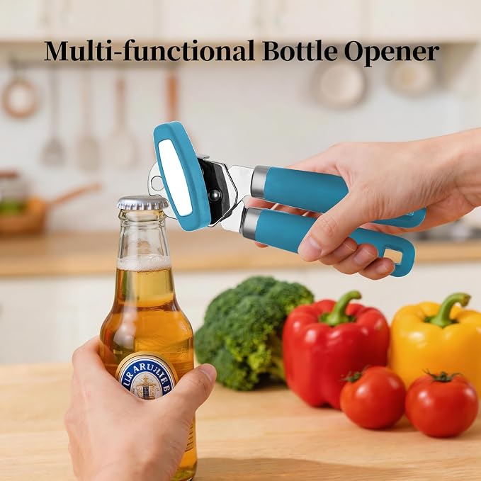 Can Opener Manual, Hand Heavy Duty Stainless Steel Bottle Opener Comfortable Handle, Sharp Blade Smooth Edge, Multifunctional Kitchen Tool, Blue