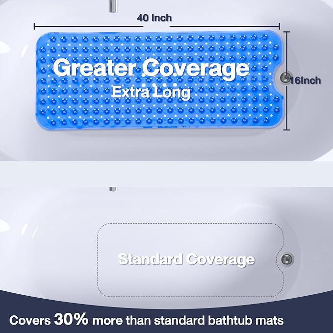 Extra Long Bathtub Mat Non Slip, Clear Navy Blue Soft Bath Mat for Tub 40 x 16 Inch Full Size, Long Shower Mats for Bathroom Floor, Big Suction Cups and Drain Holes, Easy Washable, BPA Free