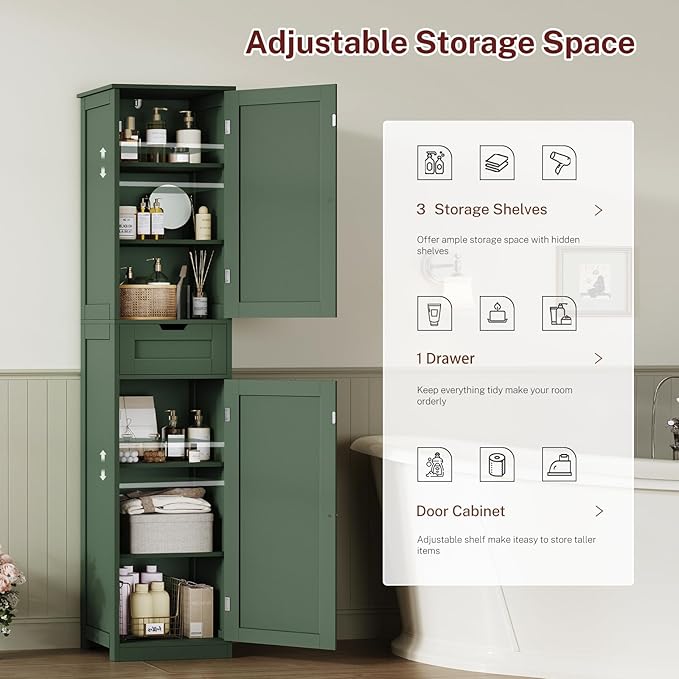 TEENFON Tall Bathroom Cabinet with 2 Doors & 1 Drawer, Narrow Bathroom Storage Cabinet with Adjustable Shelves, for Living Room, Entryway, Kitchen, Forest Green