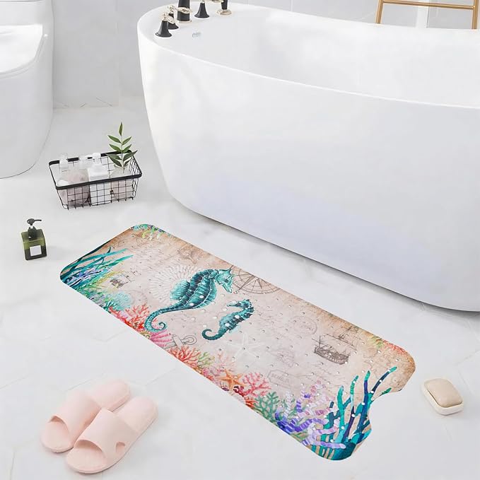 Ocean Bathtub Mat Non Slip, Cute Baby Bath Mat for Tub Rubber Tub Mat, Seahorse Coral Toddler Kids Bath Mats for Bathroom Anti Slip Shower Mat with Suction and Drain Holes Machine Washable, 40″x16″