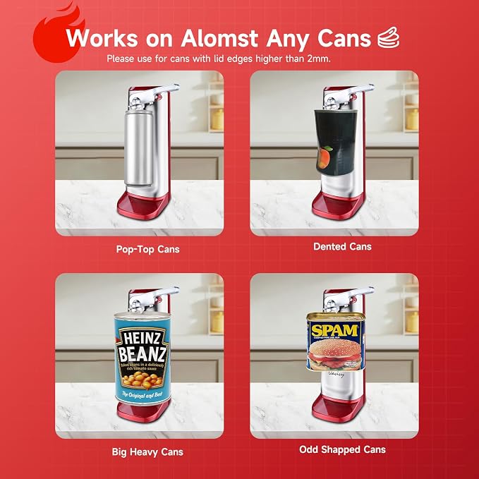 Davivy Electric Can Opener, One Touch Lid Opener, Removable Stainless Steel Cutter and 3-in-1 Design, with Sharpener and Bottle Opener (Stainless Steel-Red)