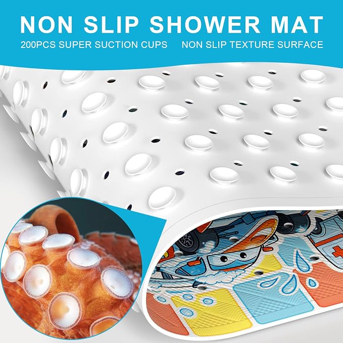 XIYUNTE Baby Bath Mat for Tub Non Slip Kids, BPA Free Extra Long Bathtub Mat 40x16 with Drain Holes and 200 Suction Cups, Non Toxic Machine Washable Toddler Bath Mat, Eco-Friendly Certified