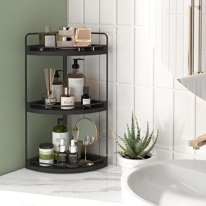 Fixwal Corner Bathroom Counter Organizer, 3 Tier Rustic Bathroom Organizer, Wood Countertop Storage Tray for Vanity, Kitchen, Bedroom (Black)