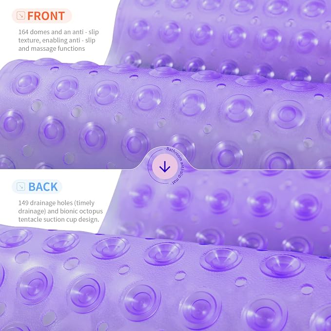 Anti-Slip Bathtub Shower mat, 21×21（ 53×53cm） inch Soft Oversized Machine Washable Non-Slip Bathtub mat with Drainage Holes, Bathroom Floor Suction Cup.（1- Clear Purple）