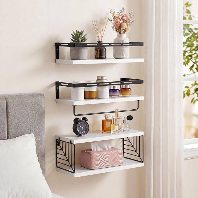Fixwal Wall Mounted Bathroom Shelves Over Toilet, Rustic Wood Floating Shelves with Metal Frame and Towel Bar for Bathroom, Kitchen, Bedroom, Living Room (3 Plus 1 White)