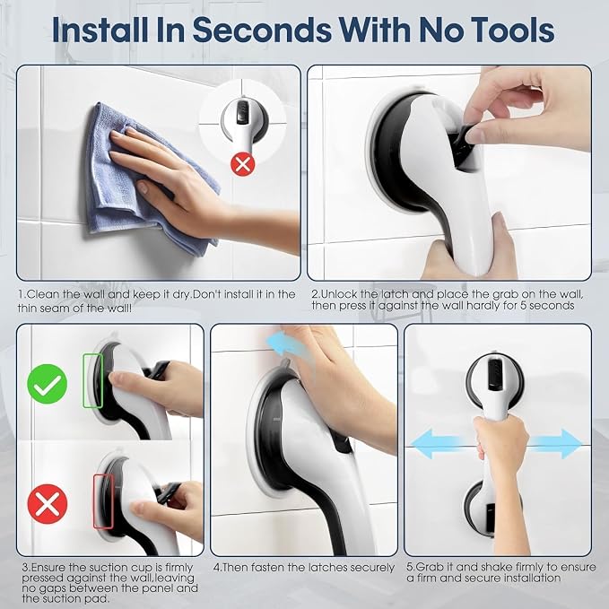 Auroras 12 Inch Grab Bars for Bathtubs and Showers with Suction Cup, Removable Shower Grab Bars for Seniors, No Drilling Heavy Duty Shower Handle for Bathroom Safety, Handicap Grab Bars,Black (2 Pack)