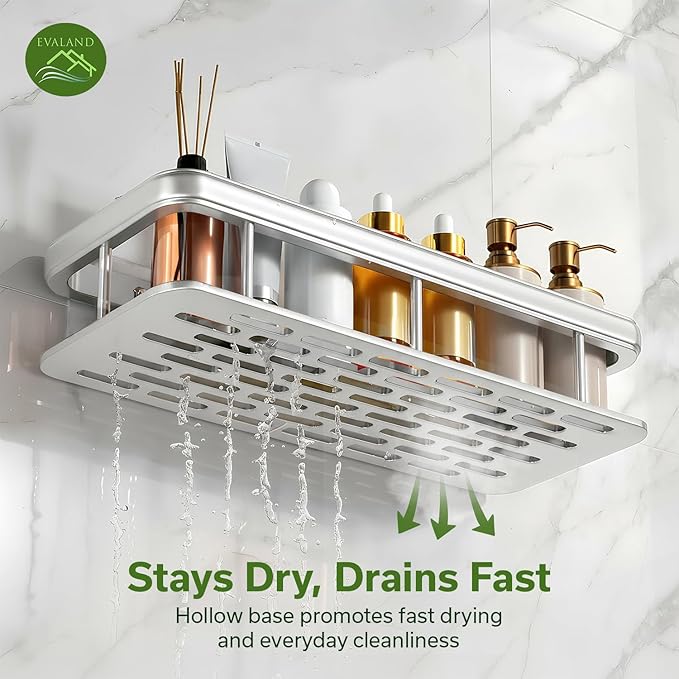 EVALAND Shower Caddy Adhesive 2-Pack with Hooks and Rod for Towels, Silver – Premium Bathroom Shower Shelves, Shampoo Organizer, Bathtub Shelf, Rustproof, Easy Installation, Sturdy Modern Look