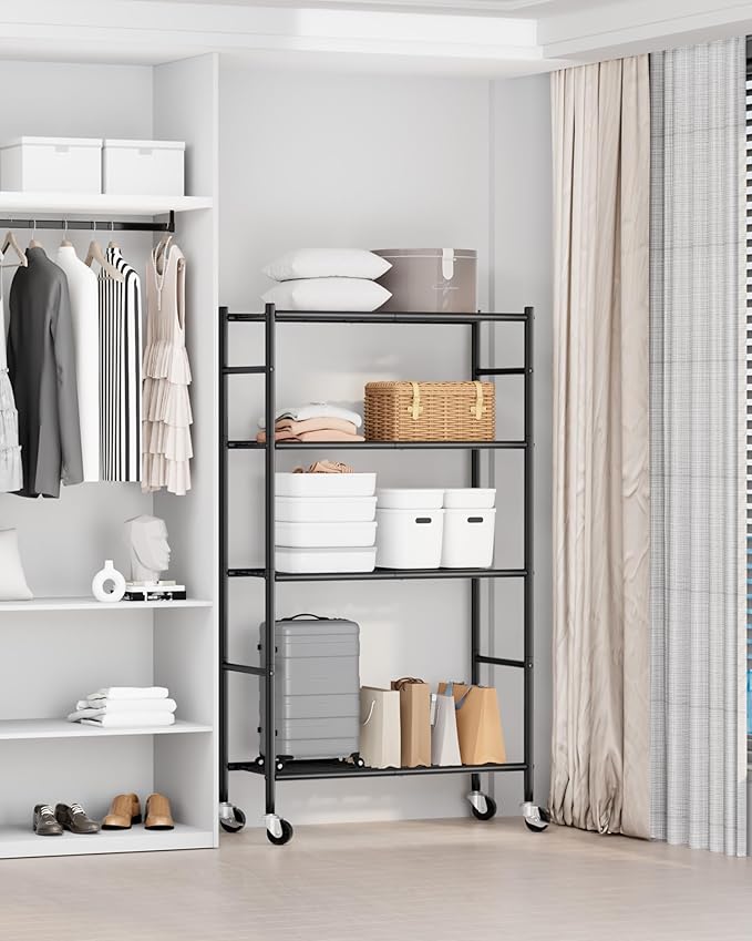Sakugi Storage Shelves Organizer - 4 Tier Metal Shelf Organizer with Metal Wheels and Adjustable Leveling Feet, Heavy Duty Garage Shelving for Kitchen, Pantry and Closet, 33.1"x12.6"x58.9", Black