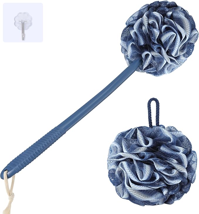 VANZAVANZU Loofah Sponge Set Loofah Exfoliating Body Scrubber, Anti-Slip Plastic 17" Handle Loofah on a Stick with Fluffy Shower Sponge, PE Soft Mesh Shower Loofahs-Blue with White Edge