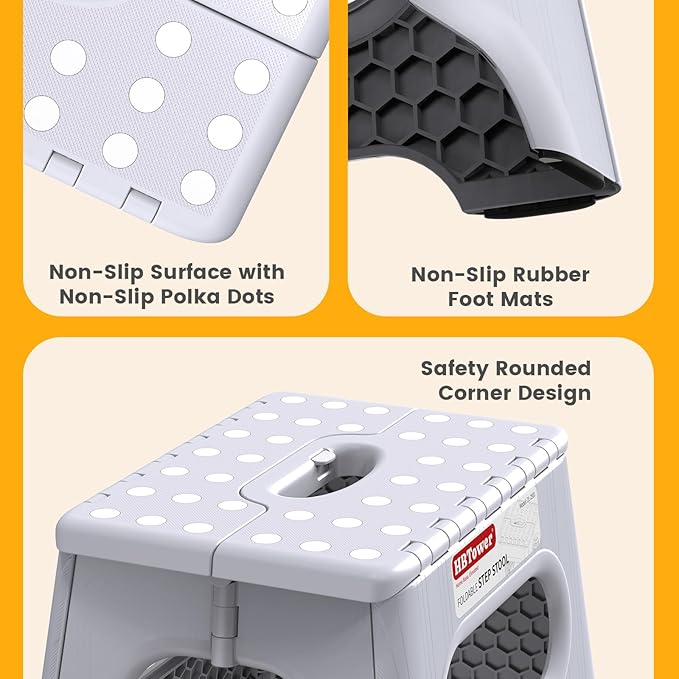 HBTower Folding Step Stool 9 Inch - Holds 600 lb, Non-Slip Surface & Carry Handle - Sturdy Step Stool for Kids, Toddlers & Adults - Compact Foldable Foot Stool for Kitchen, Bathroom, Bedroom(White)
