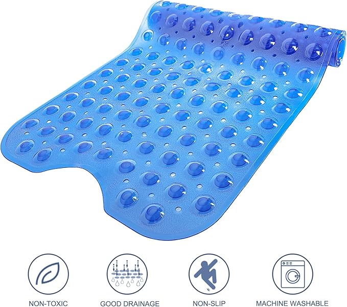 TEESHLY Bathtub Mats for Shower Tub, Extra Long Non-Slip 39 x 16 Inch Bath Mat with Drain Holes and Suction Cups, BathMat for Bathroom with Machine Washable (Clear Blue)