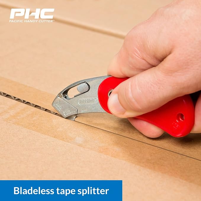Pacific Handy Cutter PSC2 Pocket Safety Cutter, Box of 12, Blue, Compact Design with Integrated Bladeless Tape Splitter, Self-Retracting Safety Point Blade for Boxes, Tape, String, Paper, or Plastic