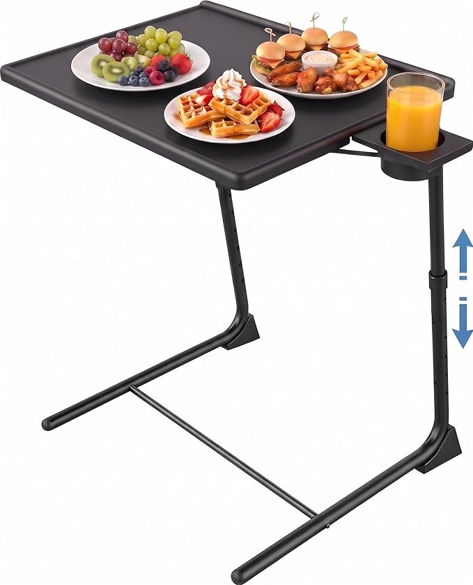 HUANUO Adjustable TV Tray - Foldable TV Tray Table with 6 Height & 3 Tilt Angle Adjustments, TV Dinner Tray with Cup Holder for Couch, Bed, Sofa and Chair (Black)
