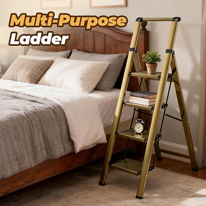 HBTower 4 Step Ladder with Handrail, Aluminum Folding Step Stool,330lbs Capacity Portable Step Ladder，Non-Slip Safety Ladder for Household,Kitchen,Office - Gold