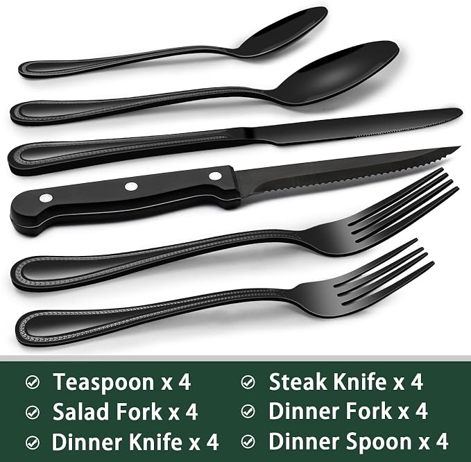 EWFEN 24-Piece Black Silverware Set with Steak Knives, Black Flatware Set for 4, Food-Grade Stainless Steel Tableware Cutlery Set, Mirror Finished Utensil Sets for Home Restaurant, Pearled Edge