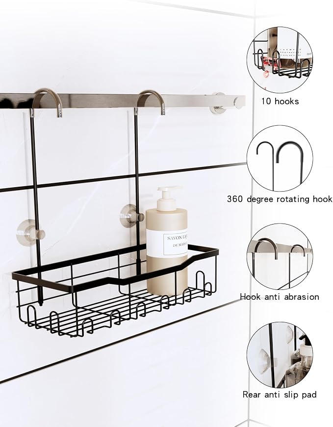 Slizy Hanging Shower Rack, Black Bathroom Storage Rack, Bathroom Door Organizer, Shower Basket, Shampoo Holder, No Drilling Required, Organizes Essentials, Single-Tier Shelf