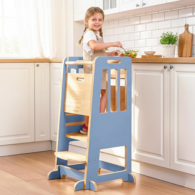 WINGYZ Toddler Tower - Anti-Tip Natural Wood Learning Stool for Kids 18M-6Y, 150lb Capacity Kitchen Stool with 3-Height Adjustable Platform and Sliding Door Access, 20lb Portable Design, Blue