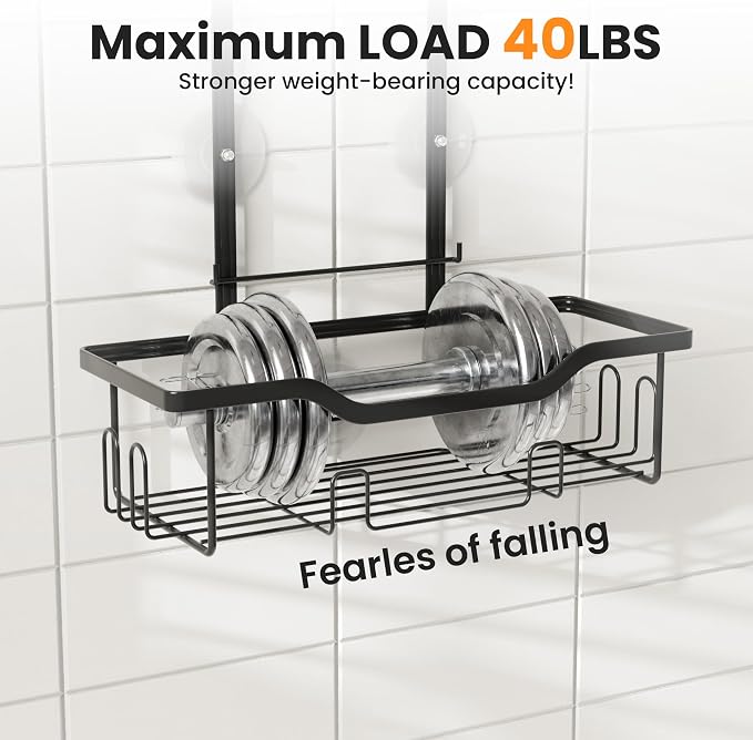 Shower Caddy Hanging 2-Tier Shower Organizer for Tall Showerhead,Rustproof Over Shower Head Rack,No Drill Bathroom Shower Caddy with Soap Dish,Toothbrush Holder and Hooks, Black
