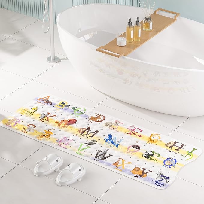 AmazerBath Baby Bath Mat Non Slip, Cartoon Kids Bath Mat for Tub 40 x 16 Inches Full Size Shower Stall Mats - Alphabets & Animals