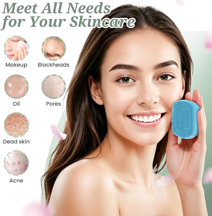 Silicone Back/Body/Face Scrubber & Lymphatic Contour Face Brush Set 4PCS, 13.4'' Soft Back Scrubber, 360° Anti-Slip Bath Glove, Unique Side-bristled Face Scrubber for All-Round Cleaning(Blue)