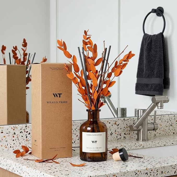 WEALD TRIBE Reed Diffuser Set for Bathroom Air Fresheners, Oil Diffuser Sticks | Sandalwood & Ebony Scent 4.0 fl oz Home Fragrance with Sticks Defusers | House Bedroom Office Shelf Decor