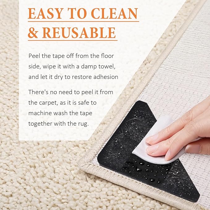 Songrey Rug Tape Rug Corner Grippers 32PCS, Reusable Double-Sided Carpet Tape to Hold Area Rugs Down, Non Slip Rug Pads Gripper for Hardwood Floors No Damage