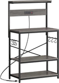 SUPERJARE Bakers Rack with Power Outlets, Microwave Stand, 31.5 X 16.5 Inch Larger Desktop, Kitchen Storage Rack with Adjustable Middle Shelf, 6 S-Shaped Hooks, Coffee Bar Stand, Grey