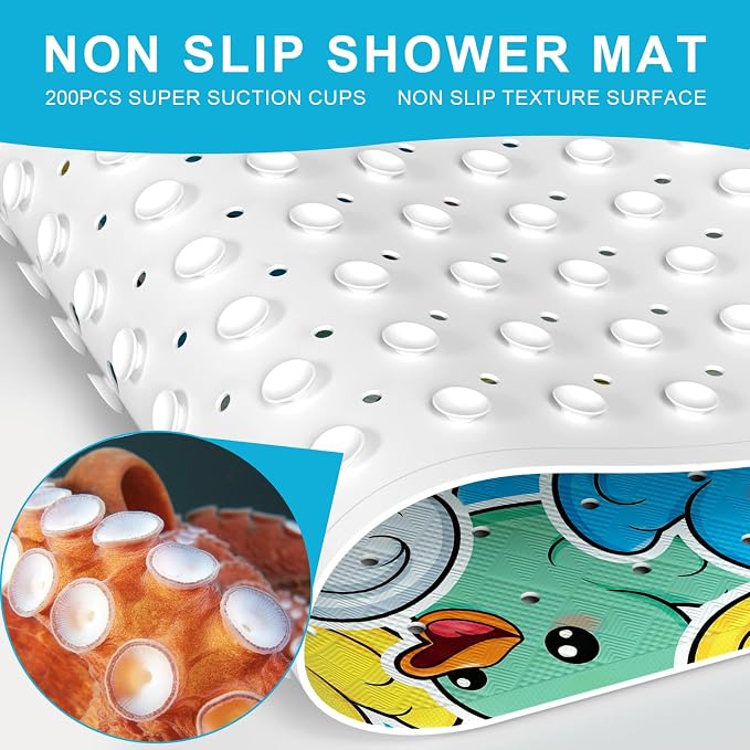 XIYUNTE Baby Bath Mat for Tub Non Slip Kids, BPA Free Extra Long Bathtub Mat 40x16 with Drain Holes and 200 Suction Cups, Non Toxic Machine Washable Toddler Bath Mat, Eco-Friendly Certified