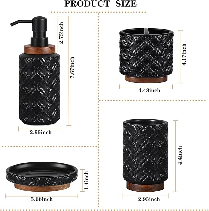 RQYIXI Elegant 4 PCS Ceramic&Wood Bathroom Accessories Set:Soap Dispenser,Toothbrush Holder,Tumbler,Soap Dish,Easy to Clean,Quatrefoil Pattern,Black-Affordable Luxury for Home Decor Enthusiasts