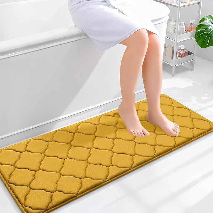 OLANLY Memory Foam Bath Mat Rug 47x17, Ultra Soft and Absorbent Bathroom Rugs, Non-Slip, Comfortable, Machine Washable Bath Carpet for Bathroom Floor, Tub, Shower and Home Decor Accessories, Yellow