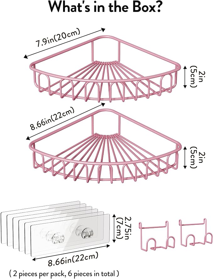 Orimade Corner Shower Caddy with 2 Hooks Wall Mounted Metal Bathroom Shelf Storage Organizer Adhesive No Drilling 2 Pack, Pink Only for 90-Degree Corner